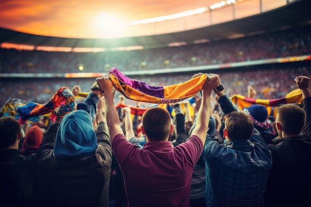 Een groep voetbalfans juicht voor hun teamoverwinning mix kleur t-shirt Generatieve ai