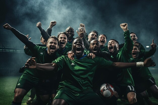 Een groep voetballers viert feest met hun armen in de lucht