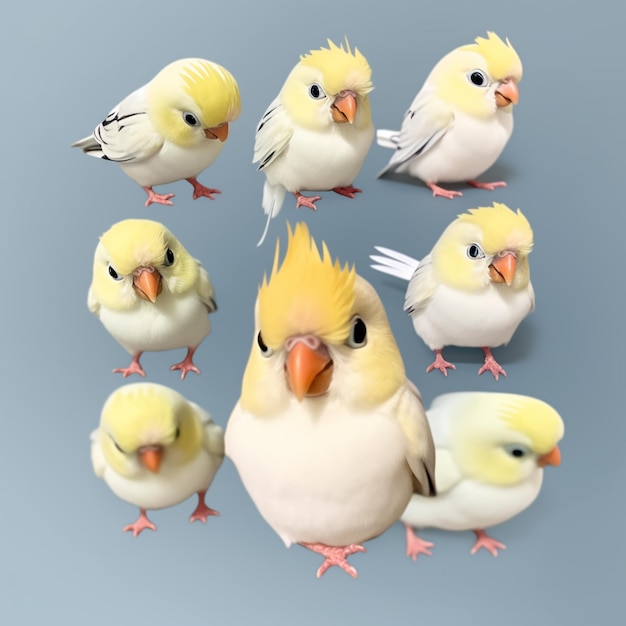 Een groep vogels met een gele vogel met de andere gele veren.