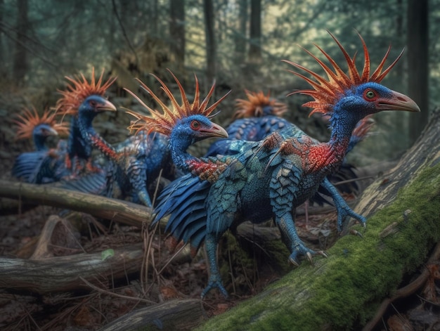 Een groep vogels met rood en blauw stekig haar loopt in een bos.