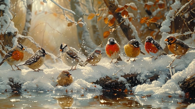 Foto een groep vogels staat op de sneeuw.