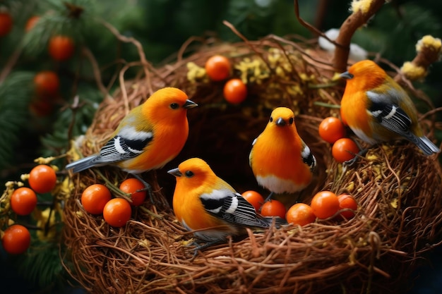 Een groep vogels zit in een nest met oranje bessen.