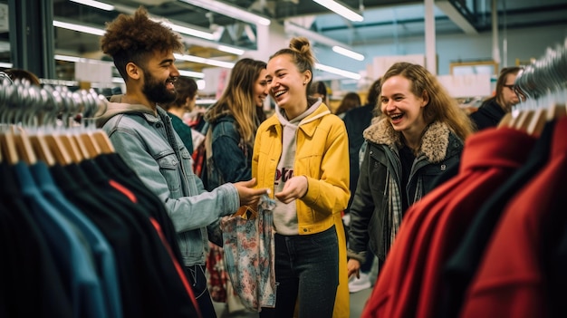 Een groep vrienden bladert opgewonden door kledingrekken op Black Friday