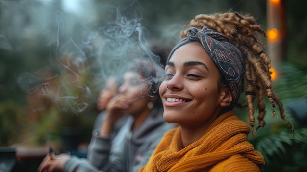 Een groep vrienden die buiten zitten en genieten van een sociale vape-sessie samen met dampwolken