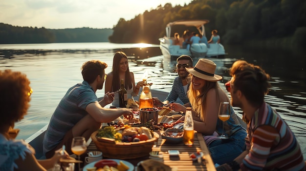 Een groep vrienden die een picknick hebben op een boot ze eten drinken en praten er is een prachtige zonsondergang op de achtergrond