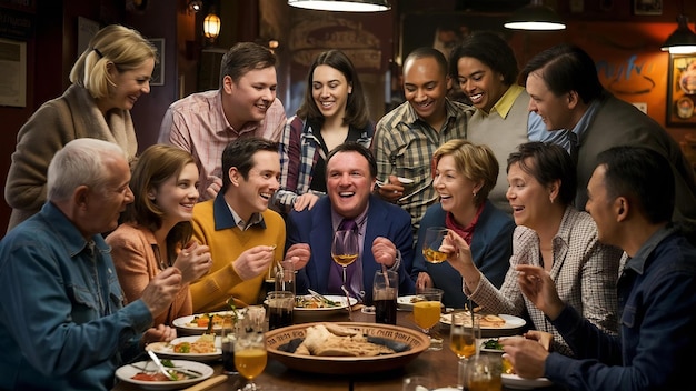 Een groep vrienden die genieten terwijl ze lunchen in een pub.