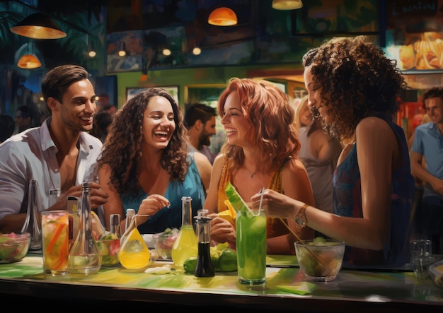 Een groep vrienden die genieten van Caipirinha-cocktails in een levendige Braziliaanse bar