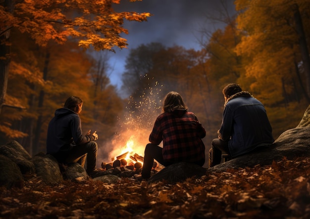 Een groep vrienden die genieten van een kampvuur in een herfstachtige omgeving