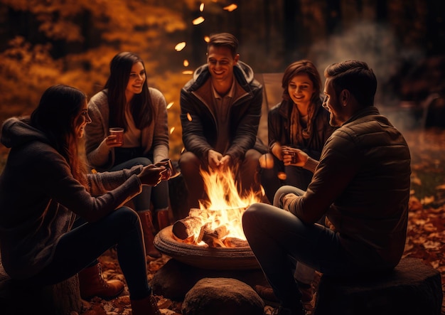 Een groep vrienden die genieten van een kampvuur in een herfstachtige omgeving