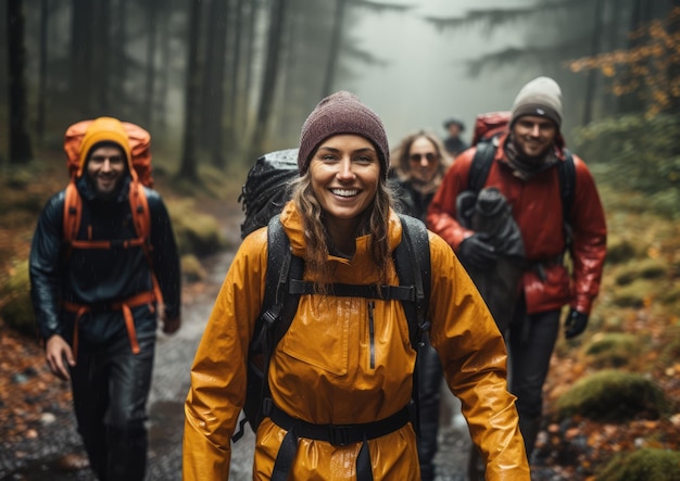 Een groep vrienden die genieten van een regenachtige herfstwandeling met waterdichte uitrusting