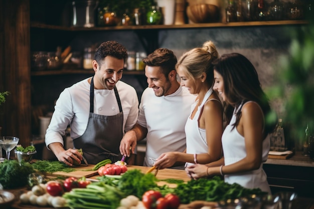 Een groep vrienden die in de keuken koken.