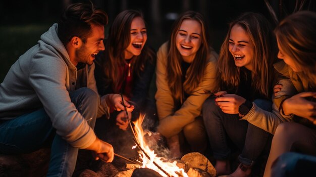 Een groep vrienden die lachen en praten rond een kampvuur mentale gezondheid afbeeldingen fotorealistische illustratie