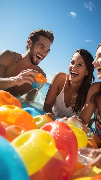 een groep vrienden die lachen en spetteren in een zwembad met felgekleurde drijvers en dranken in de hand