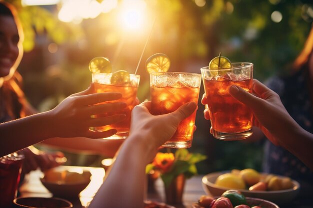 Een groep vrienden die op een barbecue drinken.