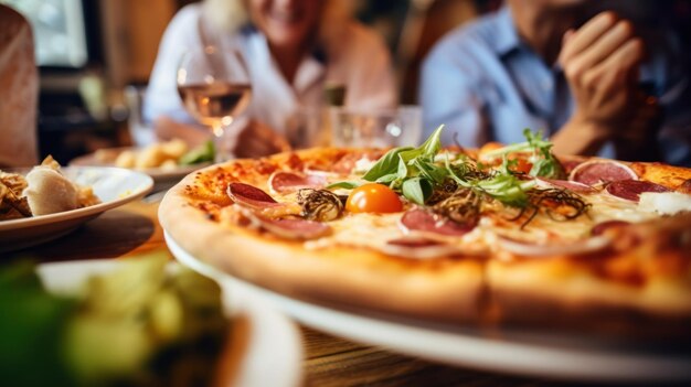 Een groep vrienden die samen pizza eten.