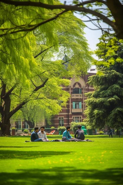 Een groep vrienden die samen studeren op de universiteitscampus.