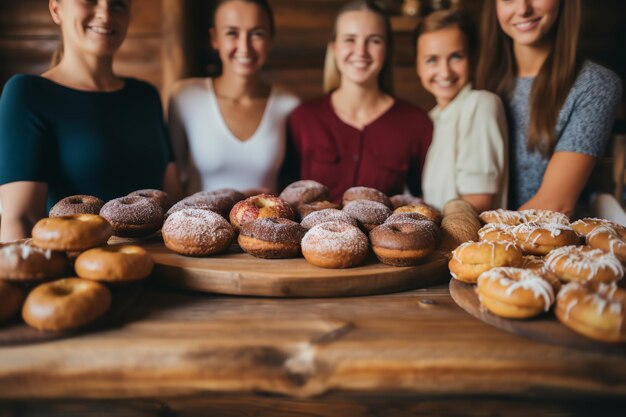 Foto een groep vrienden die samen van donuts genieten.