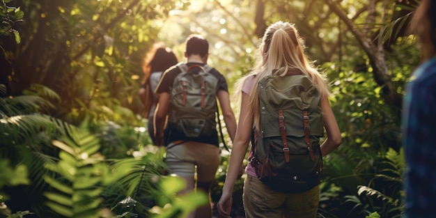 Een groep vrienden die samen wandelen in een weelderig bos.