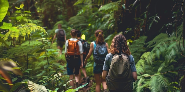 Een groep vrienden die samen wandelen in een weelderig bos.