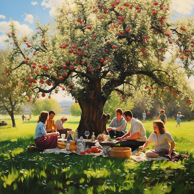 Een groep vrienden die studeren en eten in de schaduw van een appelboom