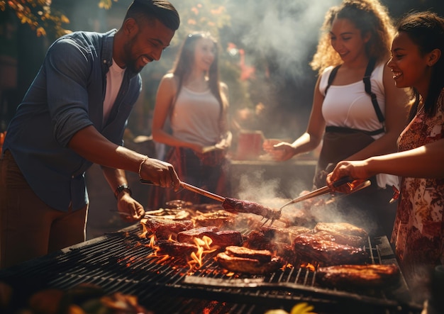 Een groep vrienden die vlees grillen op een barbecuefeestje