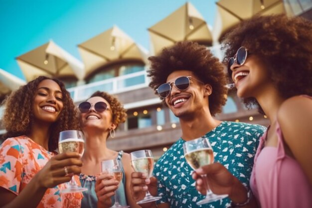 Een groep vrienden drinkt champagne en heeft plezier.