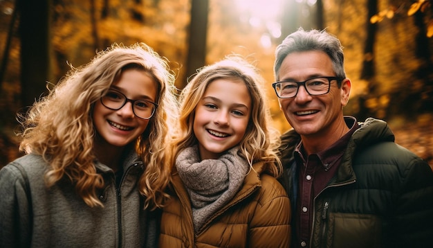 Een groep vrienden geniet van de herfstnatuur gegenereerd door AI