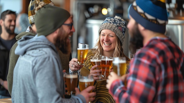 Foto een groep vrienden geniet van een bier in een brouwerij ze glimlachen en lachen en hebben een goede tijd