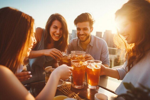 Een groep vrienden geniet van ijs thee op een terras op het dak