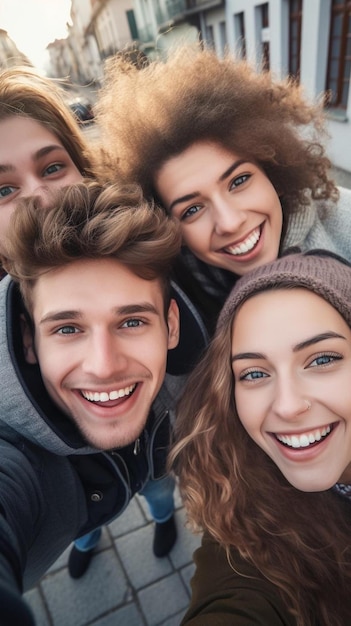 een groep vrienden glimlacht en poseert voor een foto