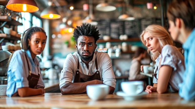 Foto een groep vrienden in een café kijkt boos.