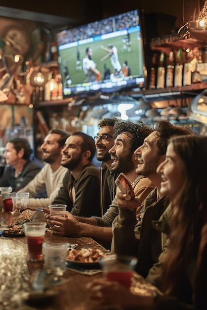 Een groep vrienden juicht enthousiast met hun ogen gericht op het tv-scherm terwijl ze naar een voetbalwedstrijd kijken