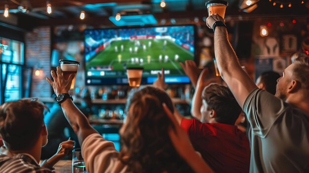 Een groep vrienden kijkt naar een voetbalwedstrijd op tv in een bar. Ze zijn allemaal opgewonden en juichen voor hun team.