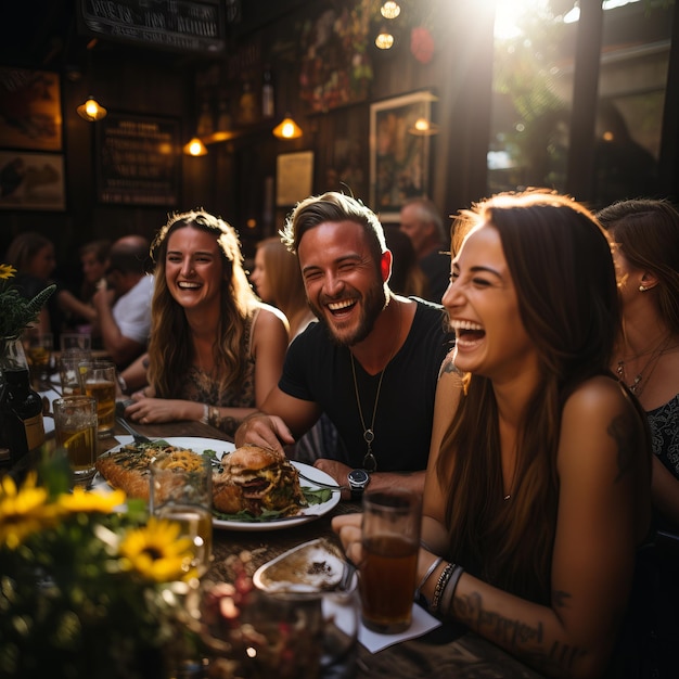 Een groep vrienden lacht en geniet van een diner in een restaurant in de open lucht