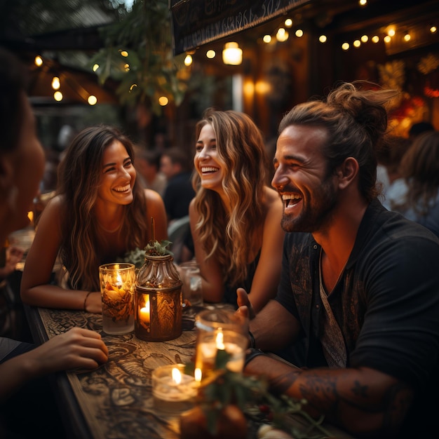 Een groep vrienden lacht en geniet van een diner in een restaurant in de open lucht