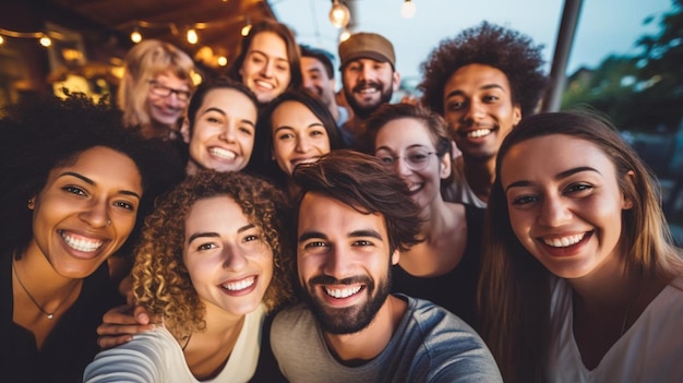 een groep vrienden met een groep mensen die glimlachen en poseren voor een foto