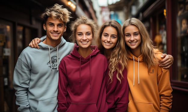 een groep vrienden met hoodies poseert voor een foto