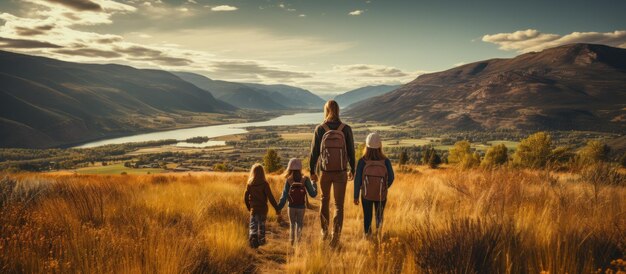 Een groep vrienden met rugzakken die langs een landelijke weg in Schotland lopen