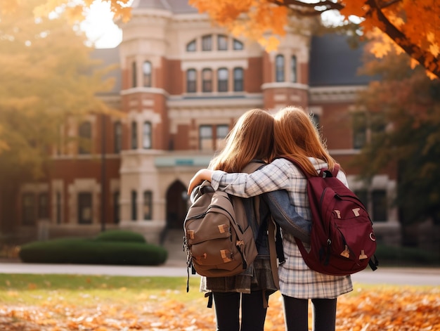 Een groep vrienden met rugzakken gaat op de eerste dag naar school