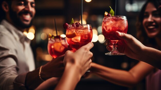 Een groep vrienden ontspant op een feestje en drinkt cocktails