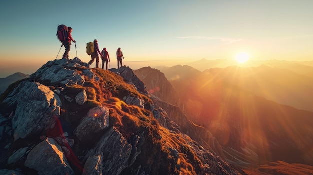 Een groep vrienden op een wandel avontuur panoramisch uitzicht op de bergen schitterend