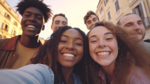 Een groep vrienden poseert voor een foto.