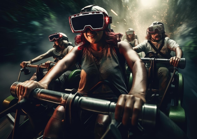 Een groep vrienden racet in een virtual reality-game