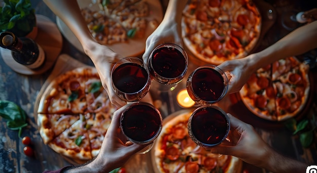 Een groep vrienden roosteren met rode wijn rond een tafel die pizza van hoge kwaliteit serveert.