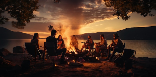 Een groep vrienden speelt bij zonsondergang rond een vuurplaats