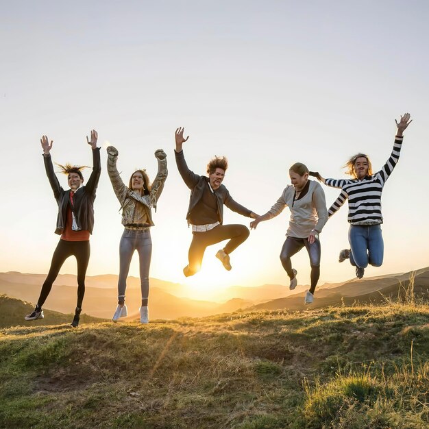 Een groep vrienden springt op de top van de heuvel.