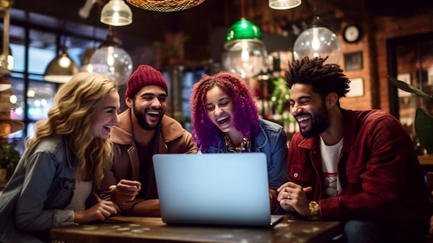 een groep vrienden verzameld rond een computerscherm samen online winkelen