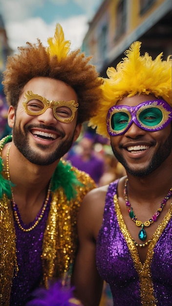 Een groep vrienden viert Mardi Gras.