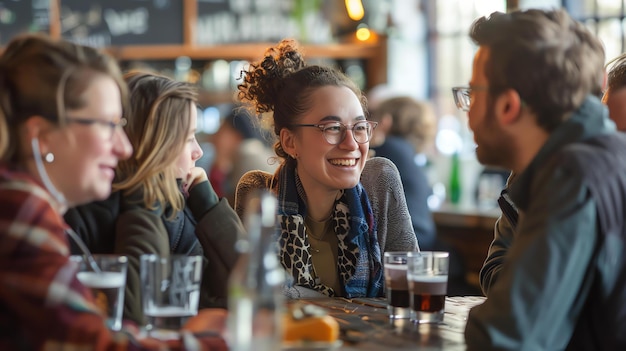 Een groep vrienden zit in een bar te praten en te lachen.