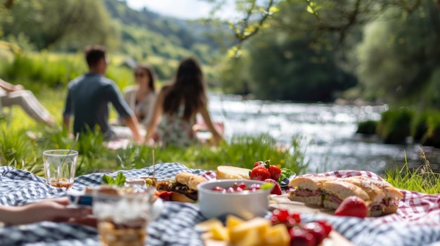 Een groep vrienden zit op een picknick deken met hun rug naar de camera terwijl ze genieten van een eenvoudige maaltijd van